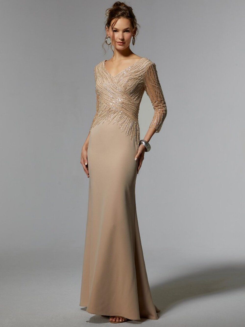 Long Sleeve Beaded Champage Mother Of the Bride/Groom Dress MGNY 72916